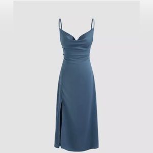 Cider: Solid Cowl Neck Slit Midi Dress